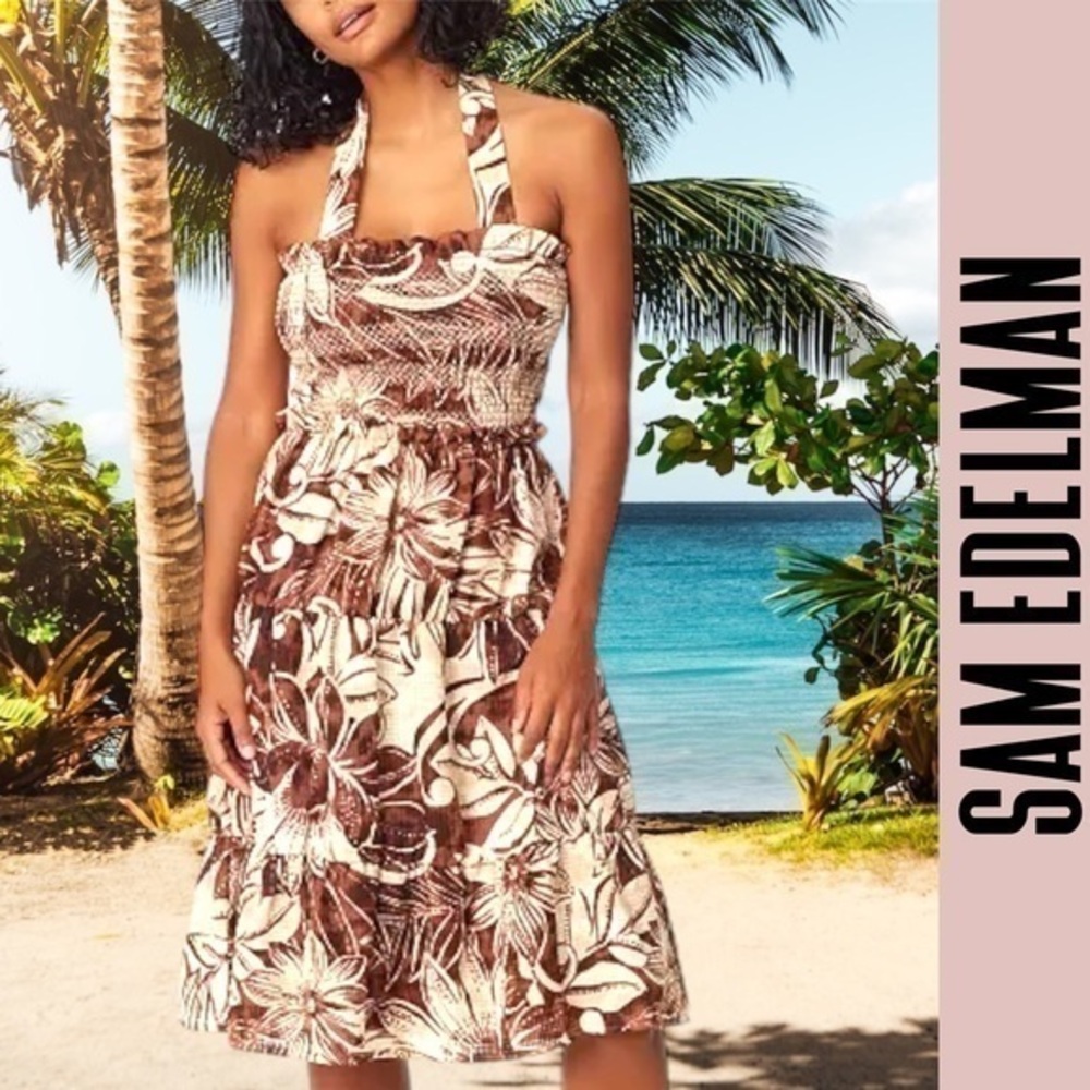 Sam Edelman dress Jennie Printed Smocked Slit-Front Halter Midi Dress